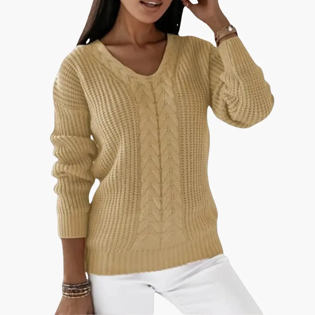 Women's beige V-neck cable-knit pullover sweater with textured surface and long sleeves