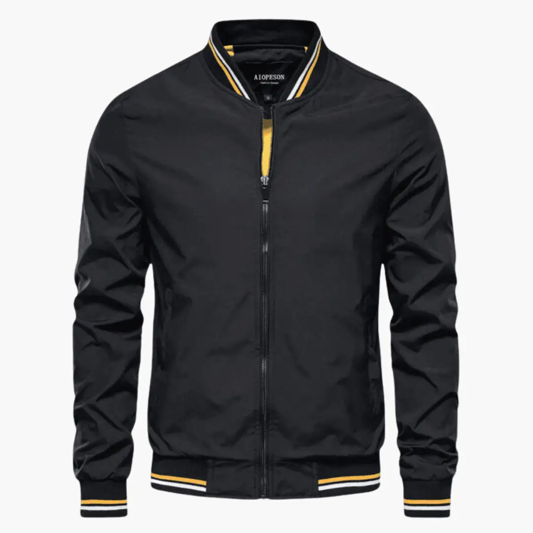 Wilfred Smith men's structured jacket, black bomber with yellow striped cuffs and hem, front zipper