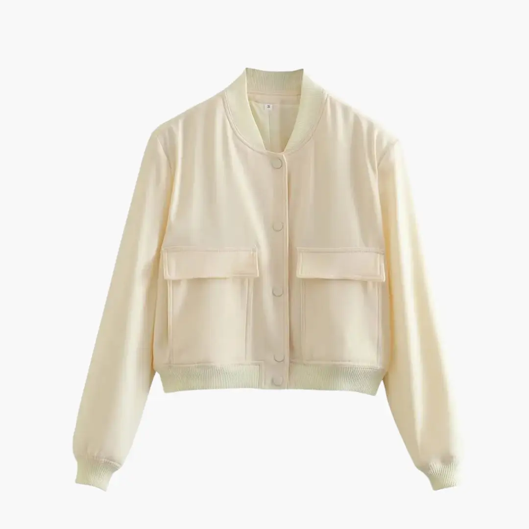 Women's utility bomber jacket with large front pockets in cream by Wilfred Smith