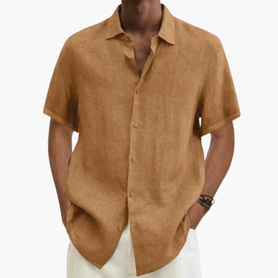 Men's casual short-sleeve linen shirt by Wilfred Smith, tan color with button placket