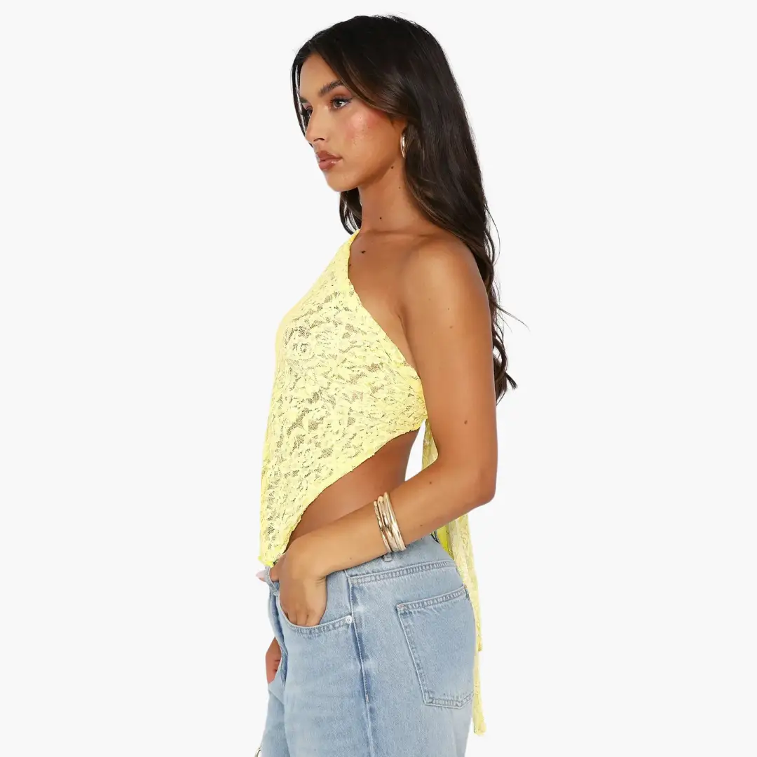 Lace One Shoulder Top for Women - yellow lace, asymmetrical silhouette