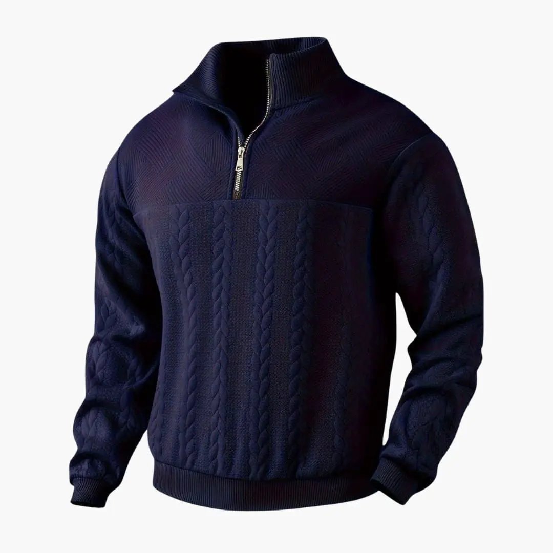 Men's navy blue cable-knit half-zip pullover with ribbed cuffs and hem