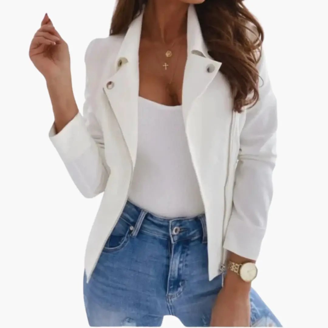 Women's white structured jacket with customizable fit; paired with white top and blue jeans