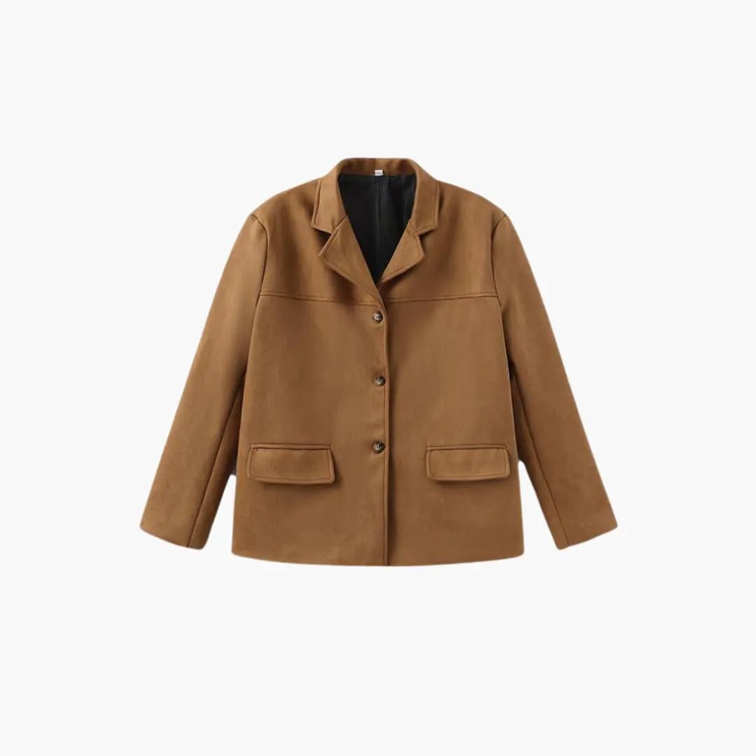 Women's tan suede jacket by Wilfred Smith with button placket and front flap pockets.