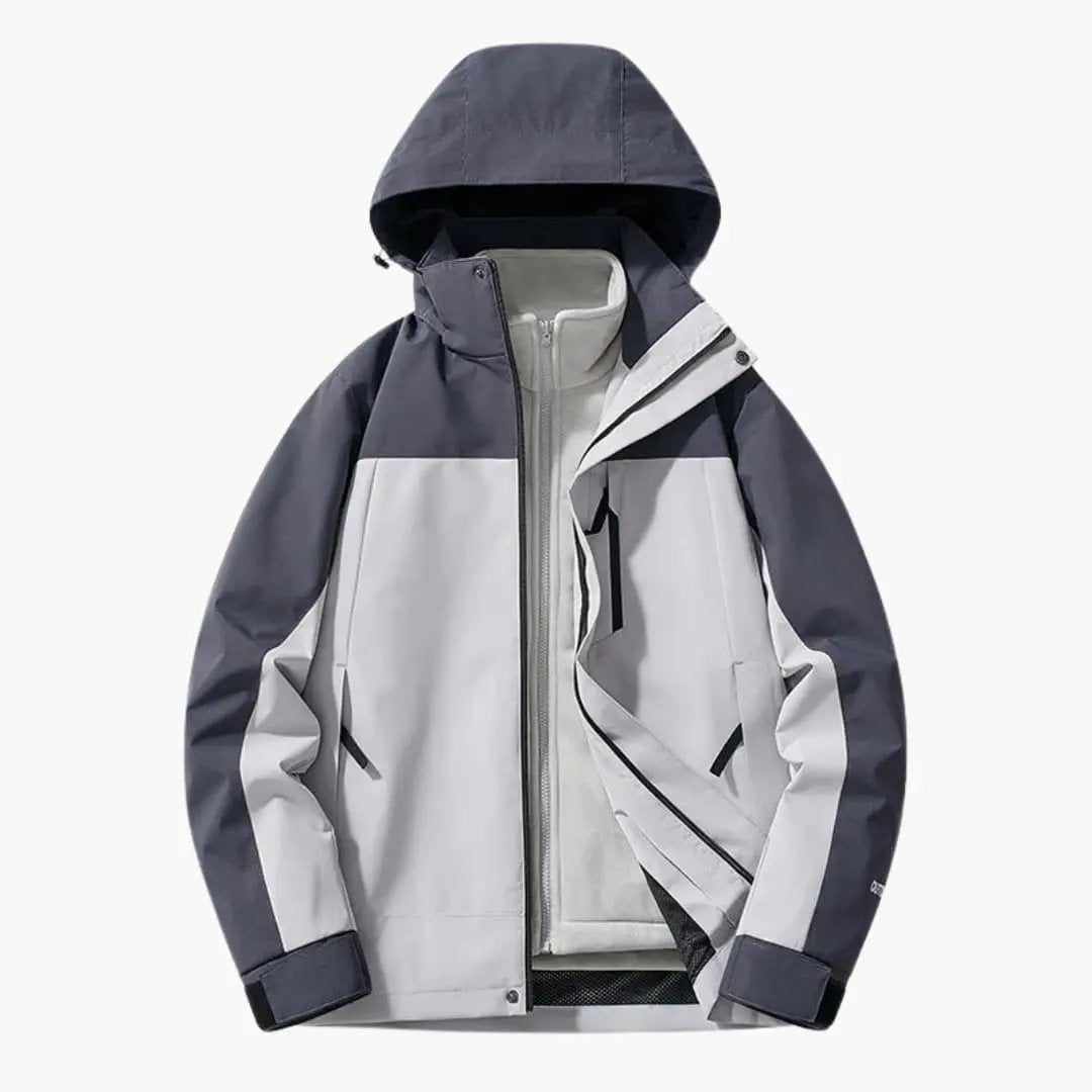 Unisex Ski Jacket with Hood in gray and navy color-block with zipper pockets