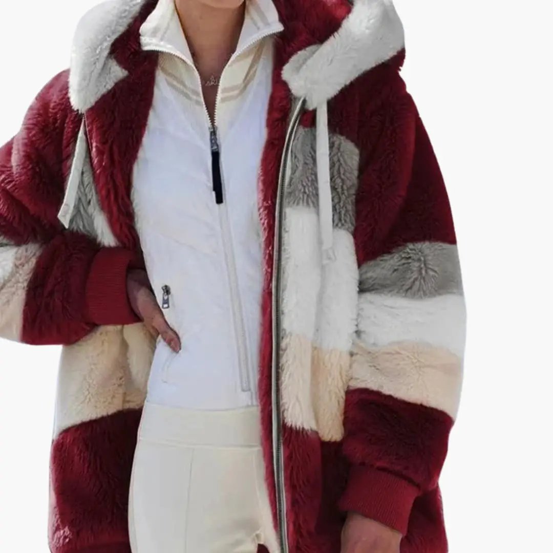 Women's hooded jacket with zipper in red, white, and beige patchwork faux fur