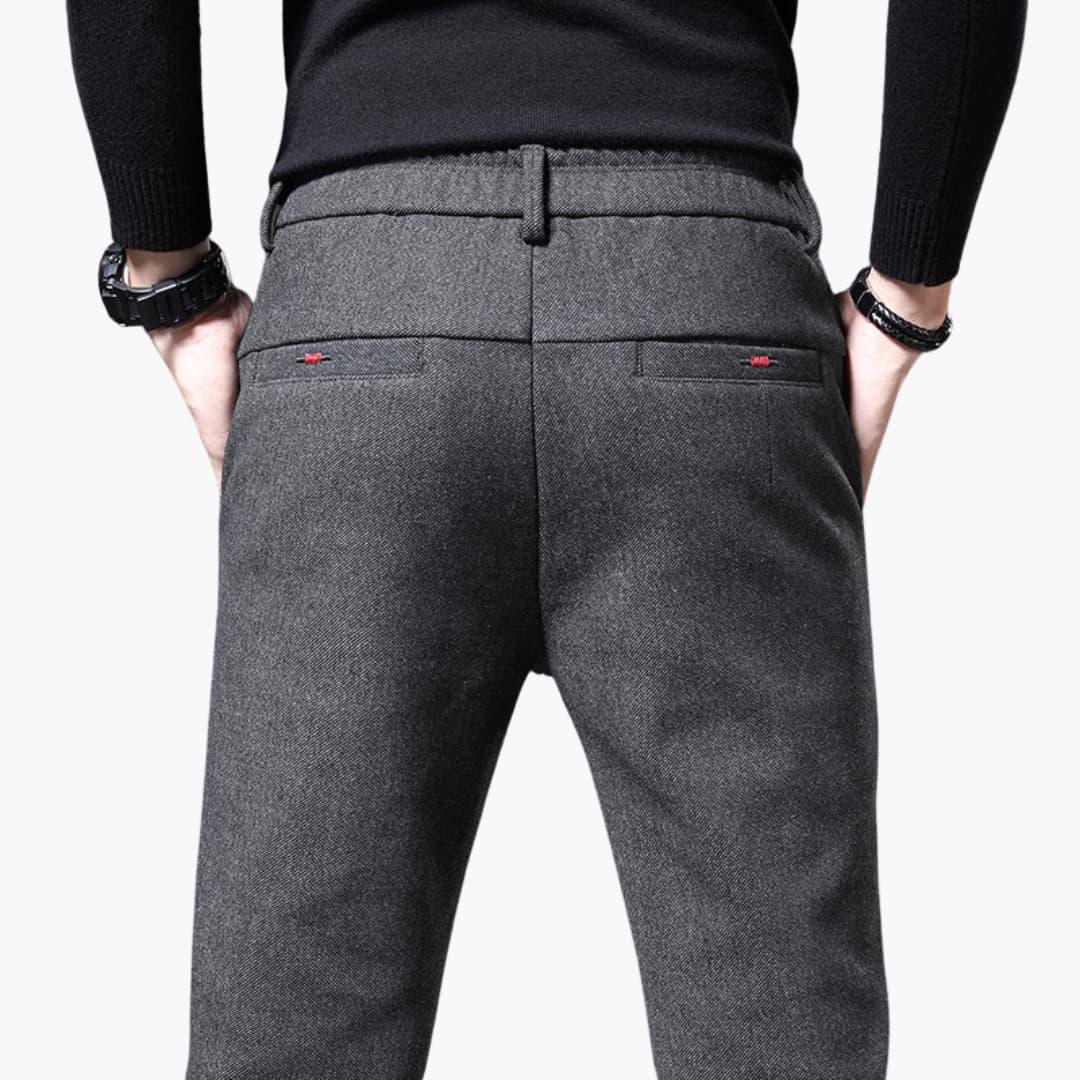 Casual pants for men - gray trousers with back pockets and subtle red stitch