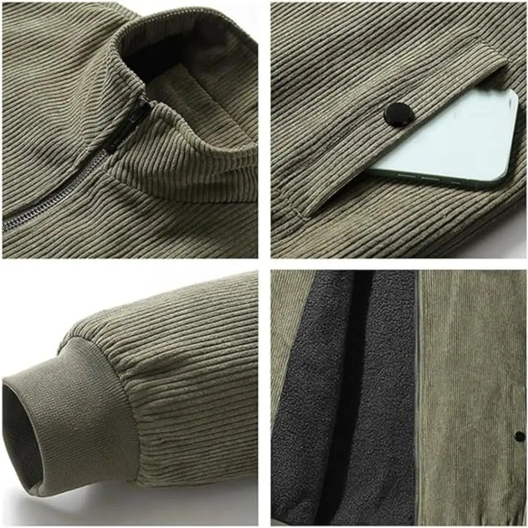 Corduroy jacket for men in olive green with ribbed texture, zippered collar and phone pocket.