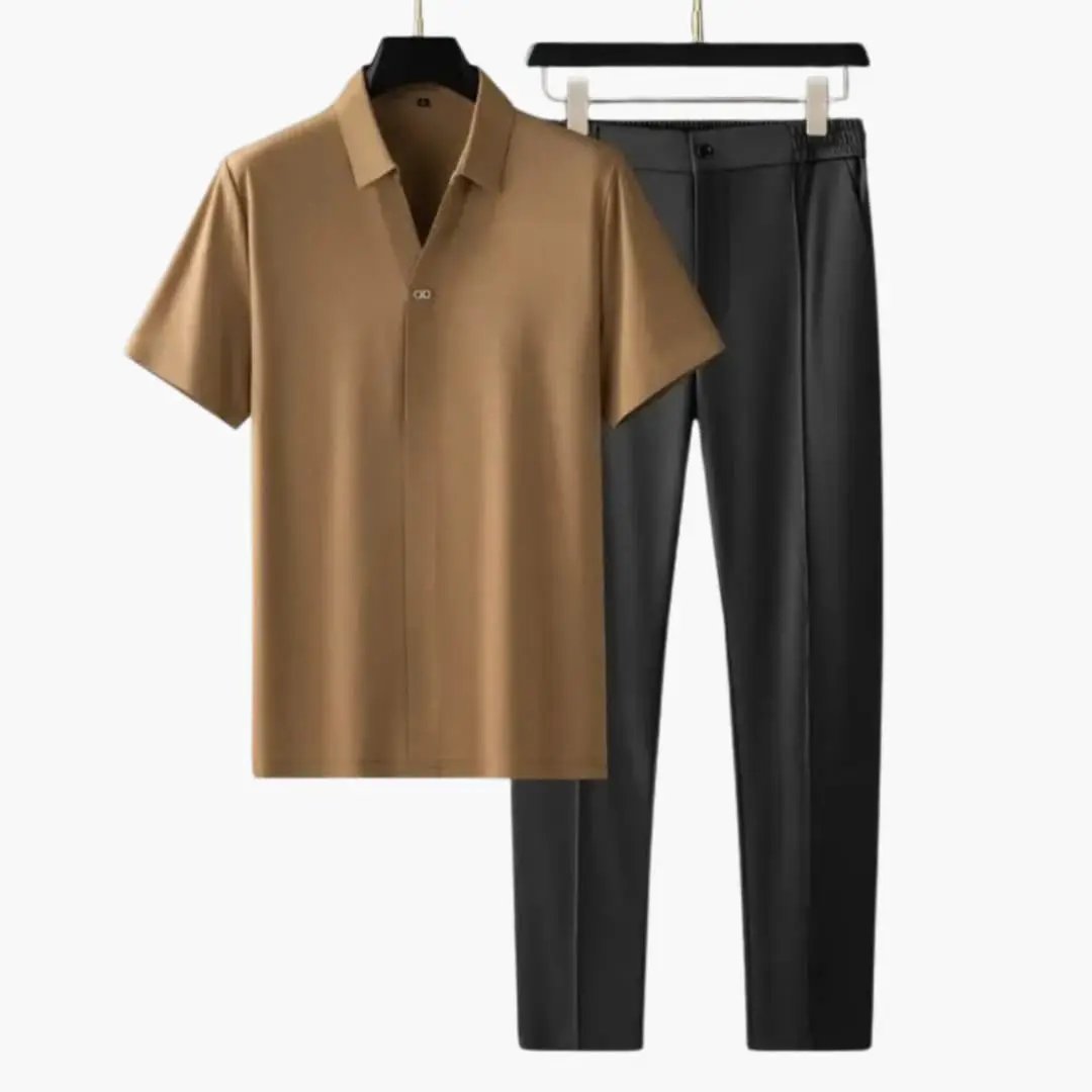 Men's summer two-piece outfit set: tan short-sleeve shirt and black slim-fit pants by Wilfred Smith