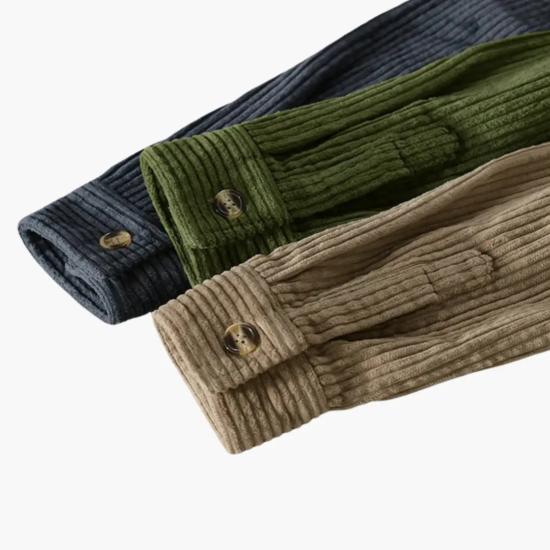 Corduroy overshirt for men in navy, olive, and tan with button placket and rolled cuffs; three colorways