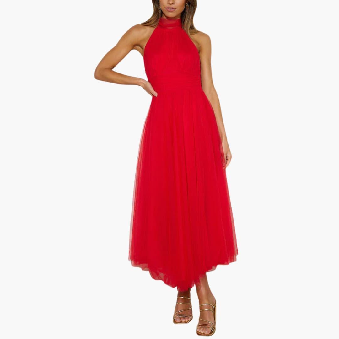 Women's red halter-neck tulle midi dress by Wilfred Smith