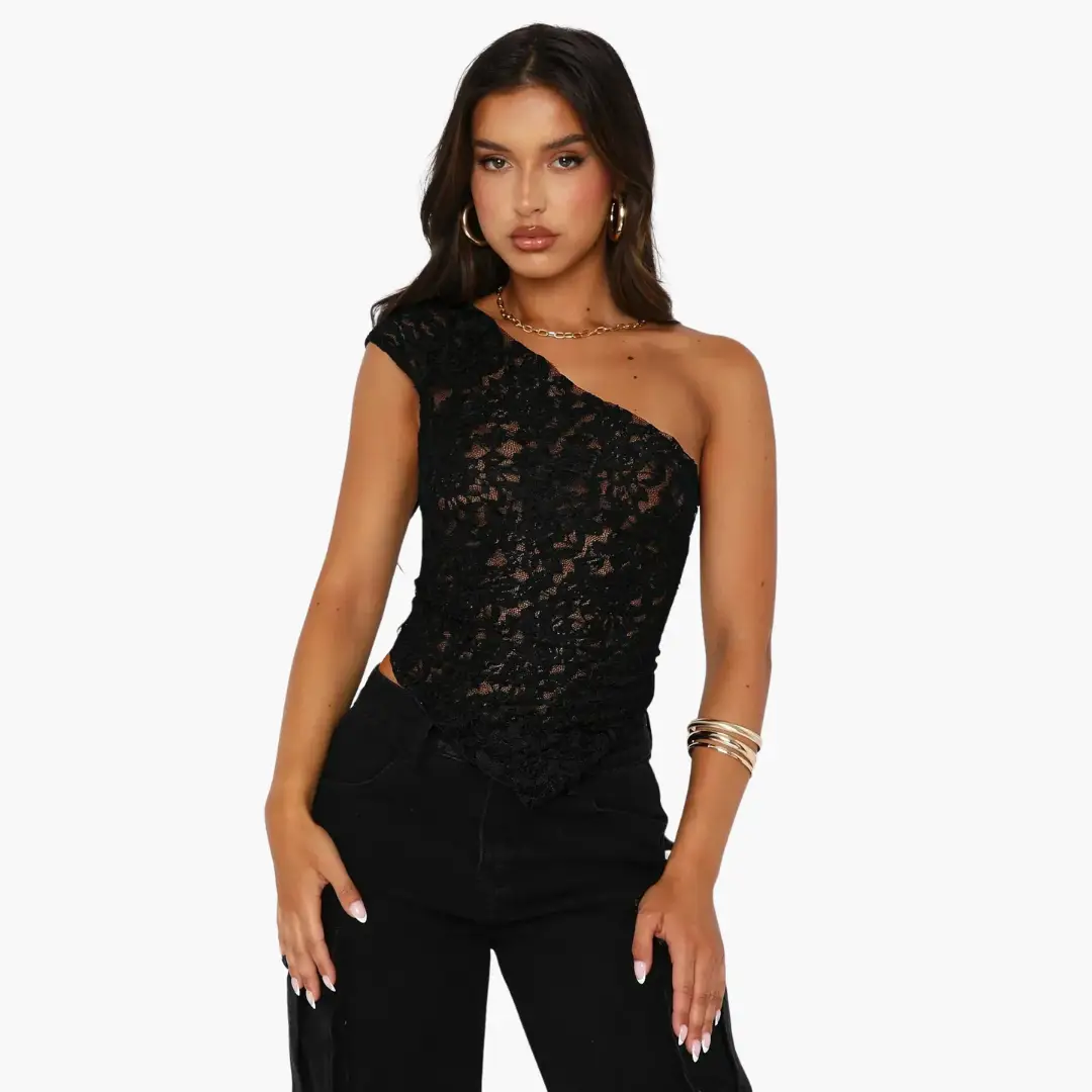 Lace one-shoulder top for women by Wilfred Smith in black, asymmetrical neckline.