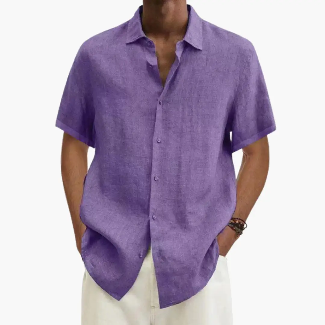 Men's purple short-sleeve shirt with button placket for summer style