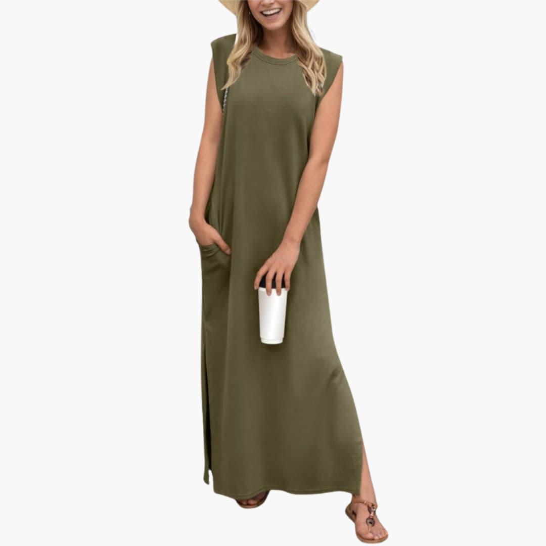 Maxi dress for women by Wilfred Smith, olive green sleeveless, loose-fit with side pockets