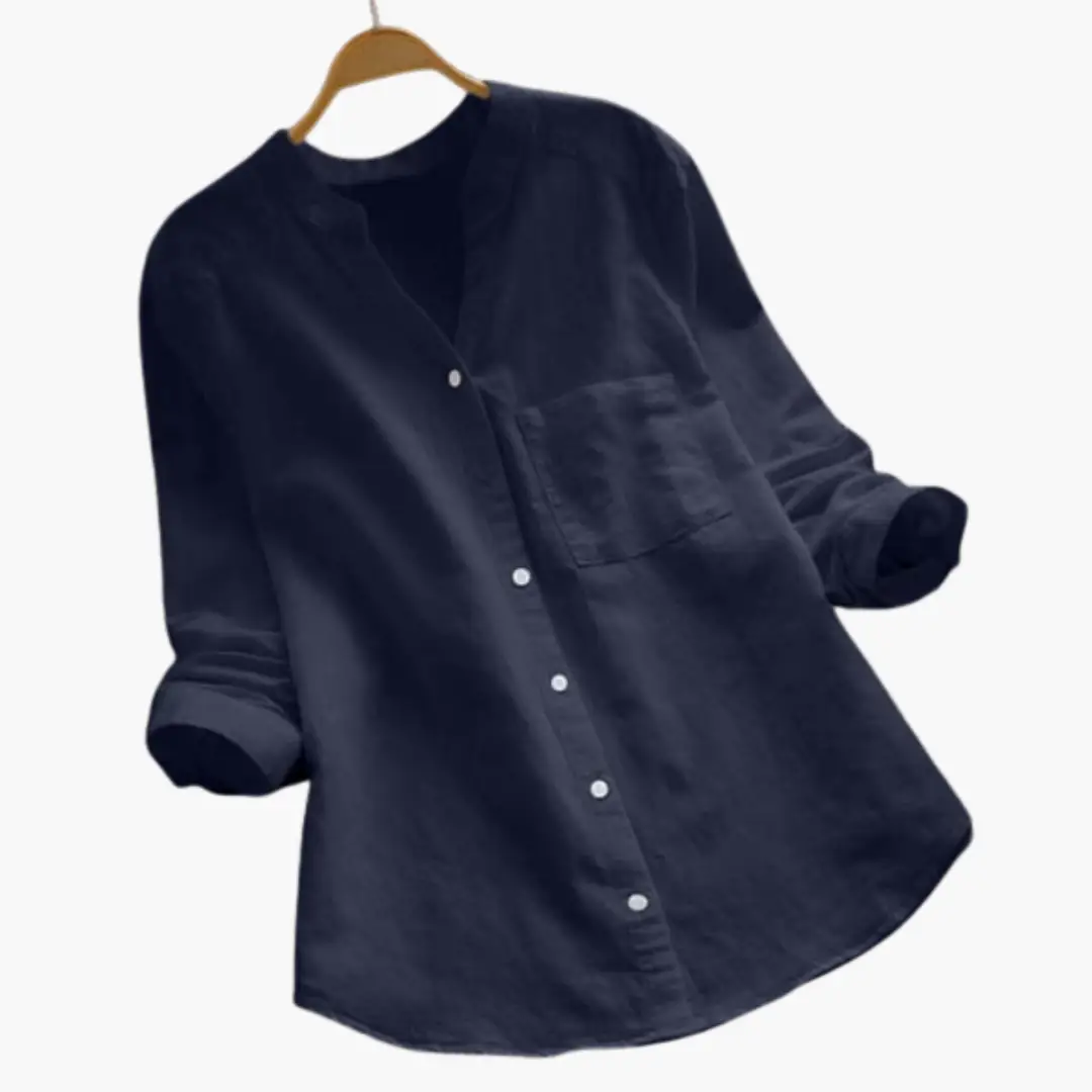 Loose-Fitting Blouse for Women by Wilfred Smith, navy long-sleeve with stand-up collar, button-front and chest pocket