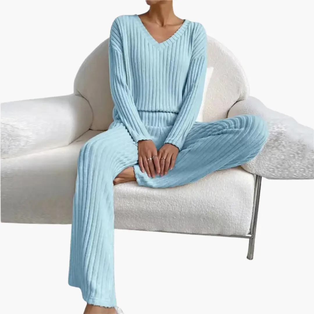Women's lounge set by Wilfred Smith in light blue ribbed knit with V-neck, two-piece loungewear.