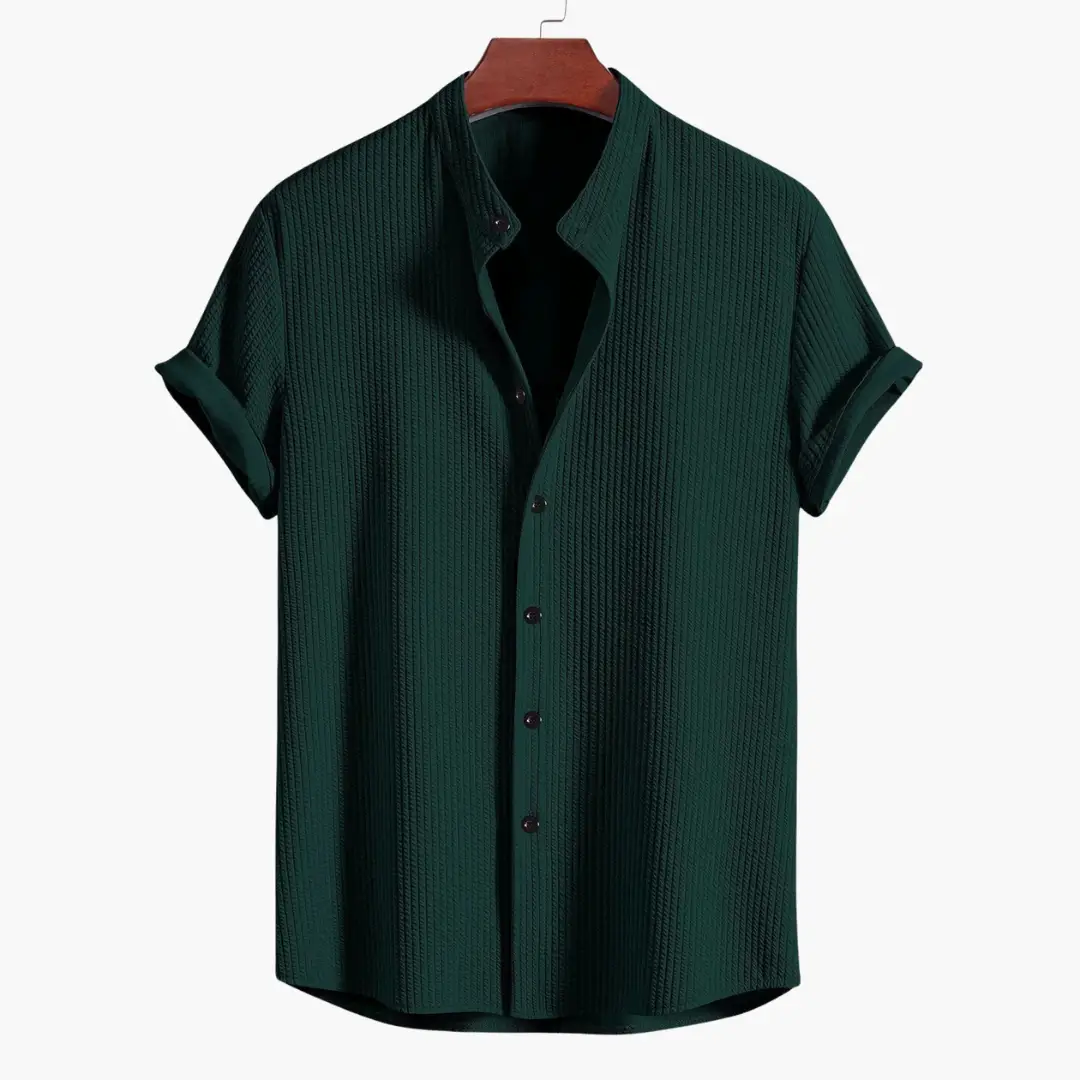 Men's shirt with stand collar, Wilfred Smith green ribbed fabric, slim fit