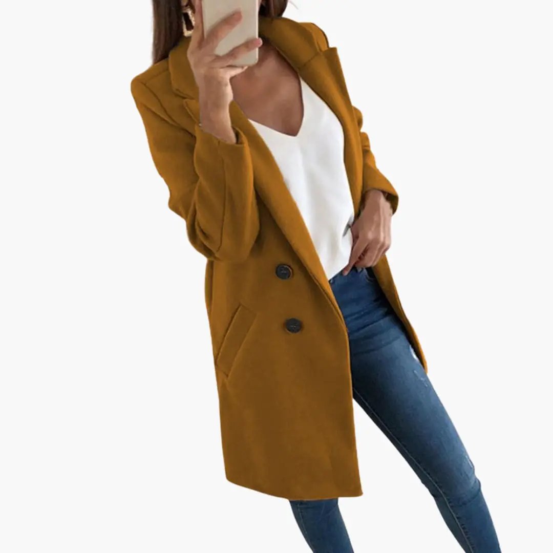 Button Closure Coat for Women in mustard yellow, long coat with front buttons