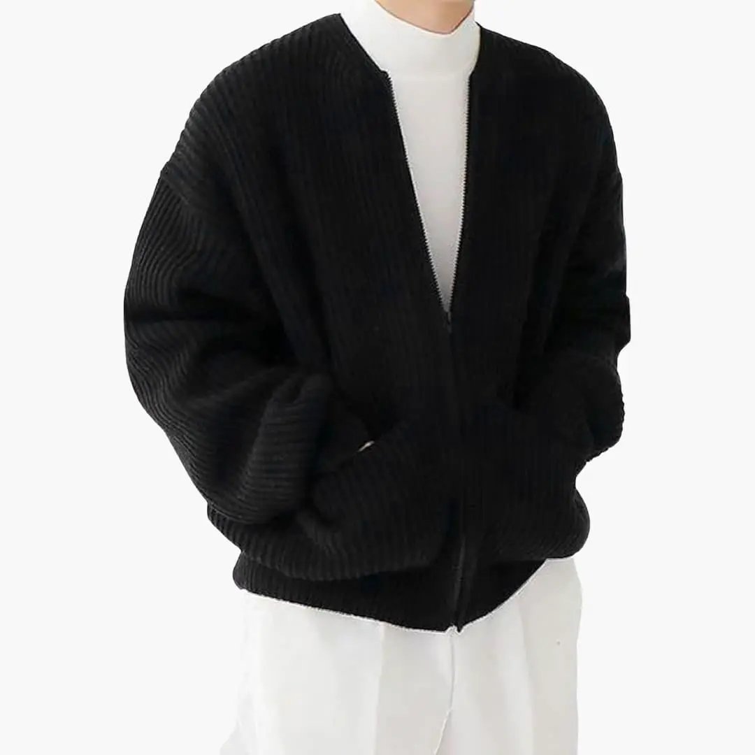 Cardigan for Men black ribbed knit with zip front, oversized fit