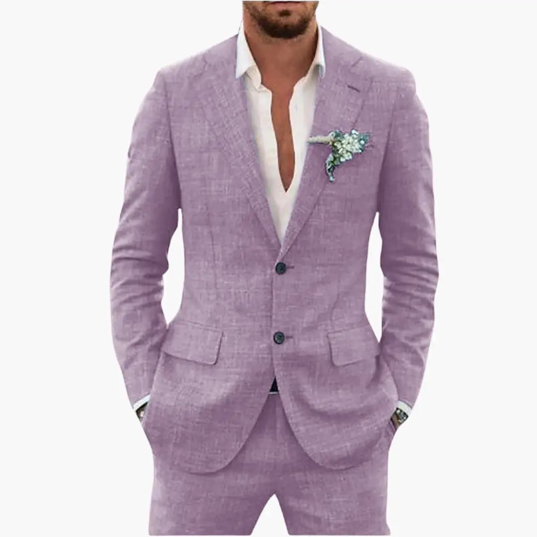Men's lavender two-piece wedding suit by Wilfred Smith with notched lapel and button closure.