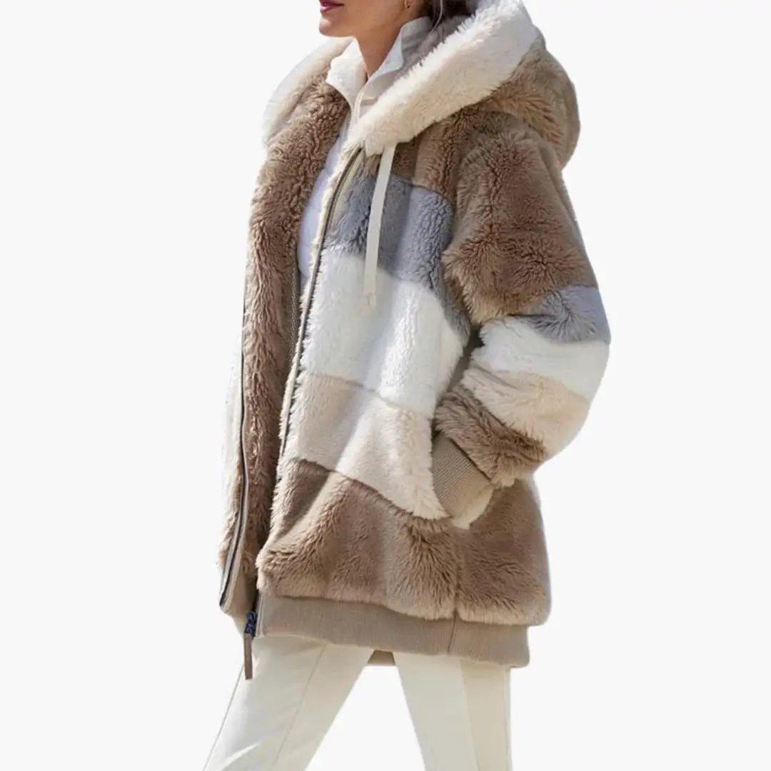 Women's patchwork faux-fur jacket with hood and zipper in beige, brown, and grey tones