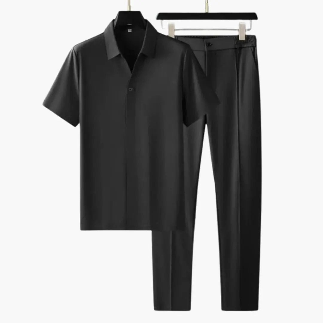 Men's Summer Two-Piece Outfit Set by Wilfred Smith: black short-sleeve shirt and slim-fit pants