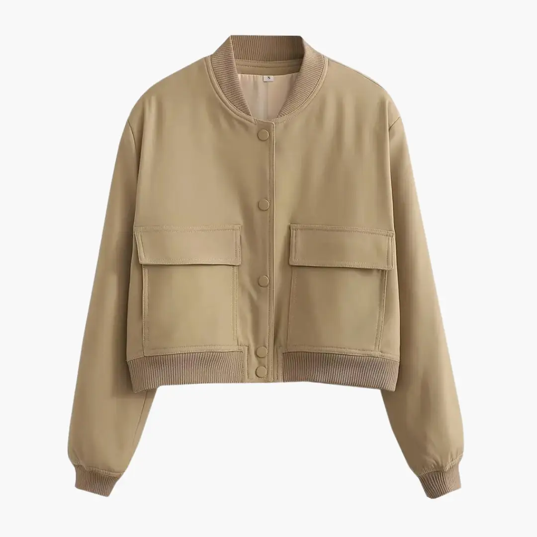Women's Utility Bomber Jacket in tan with two large front pockets and ribbed cuffs