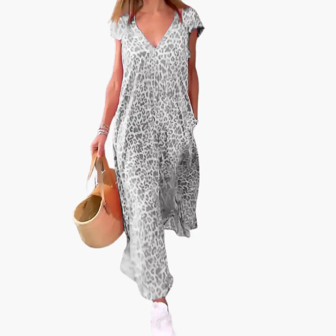 Leo Maxi Dress for Women, leopard-print V-neck, loose-fit maxi