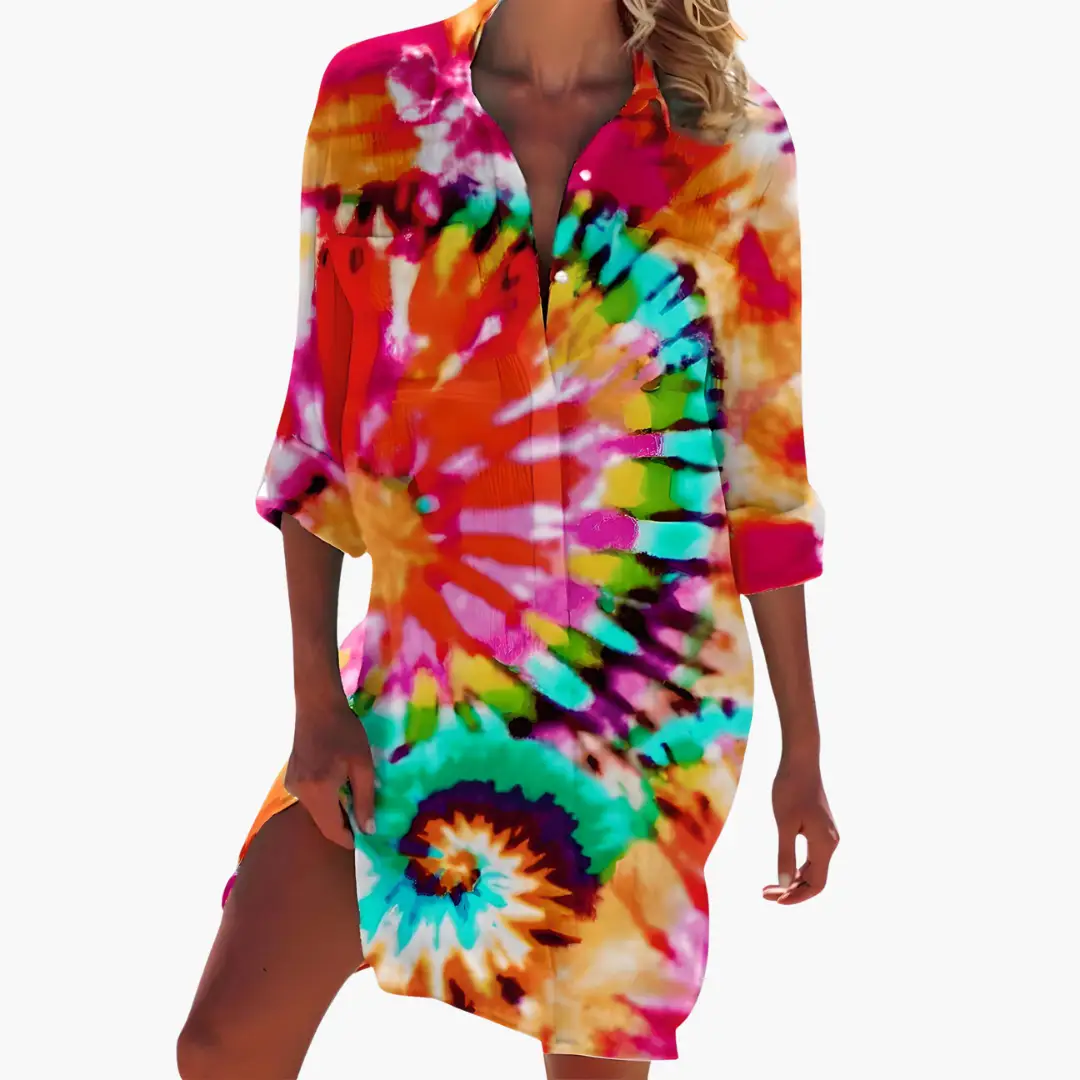 Women's shirt dress with long sleeves and button placket in colorful tie-dye pattern