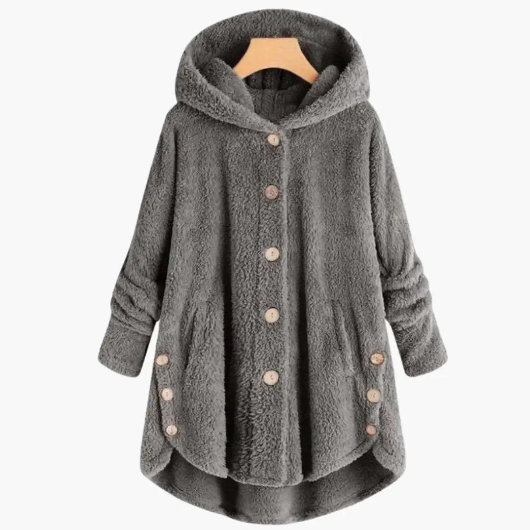 Women's jacket with hood by Wilfred Smith, grey teddy coat with button closure