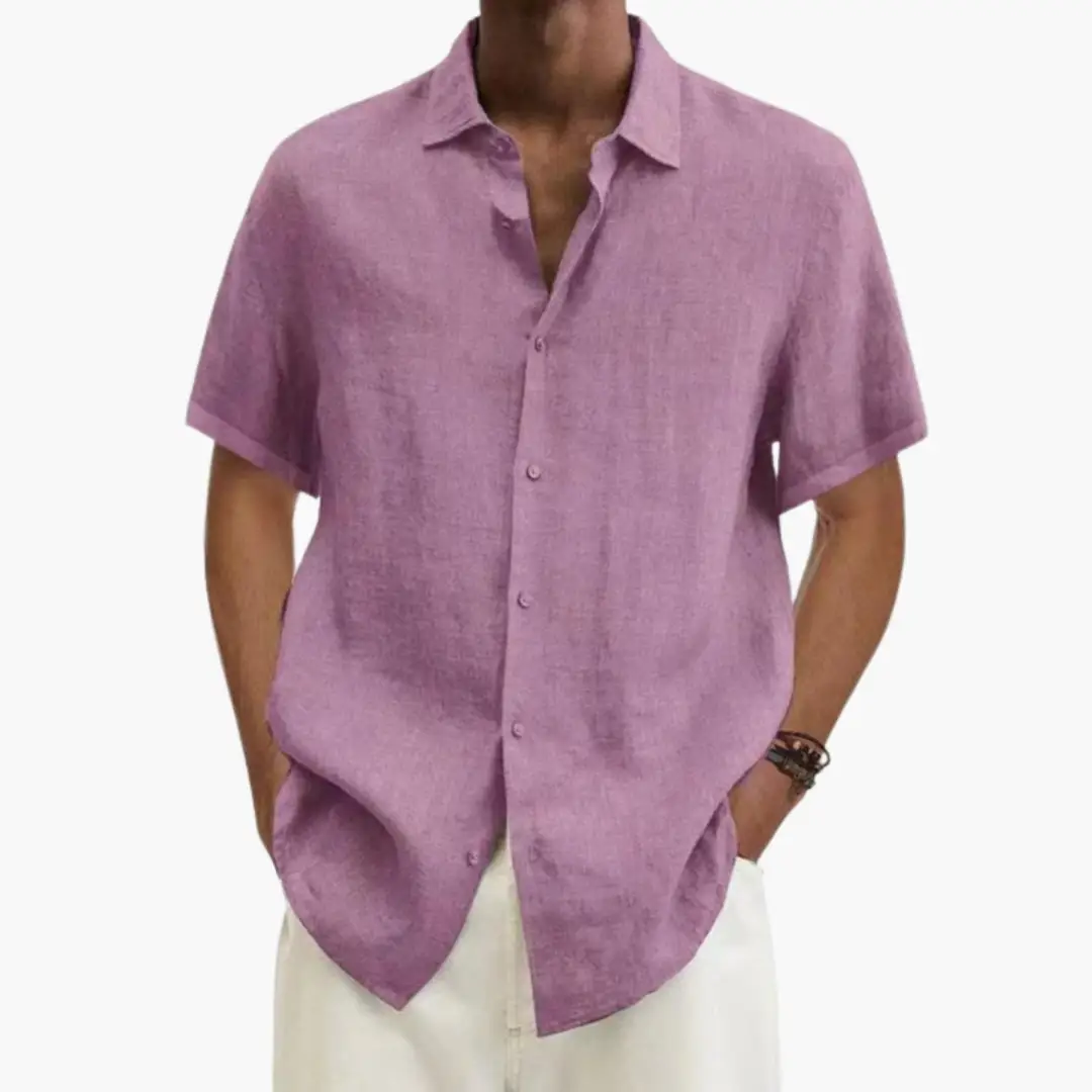 Men's short-sleeve linen shirt with button placket in lavender, casual summer style