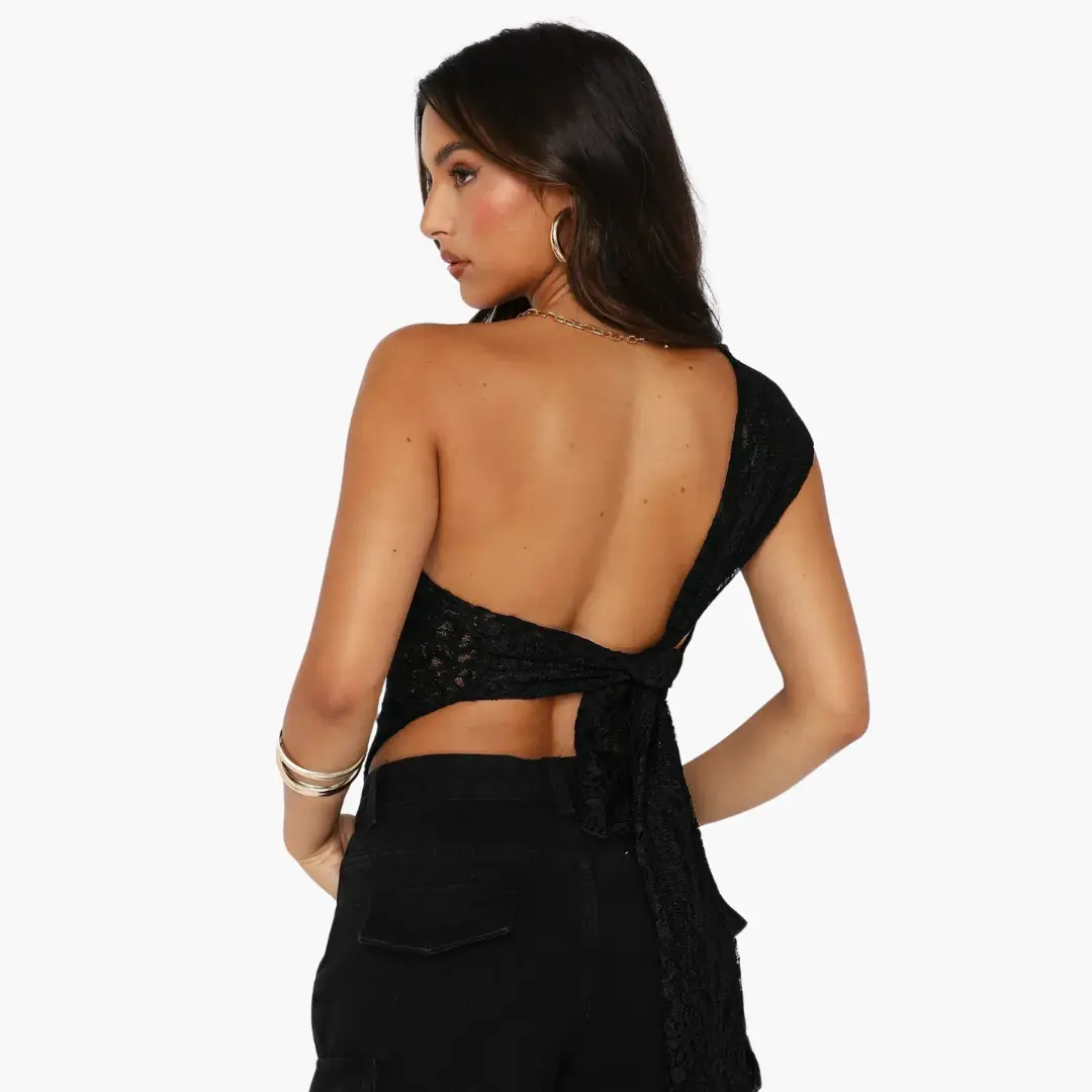 Lace one-shoulder top for women in black with back tie and asymmetrical silhouette