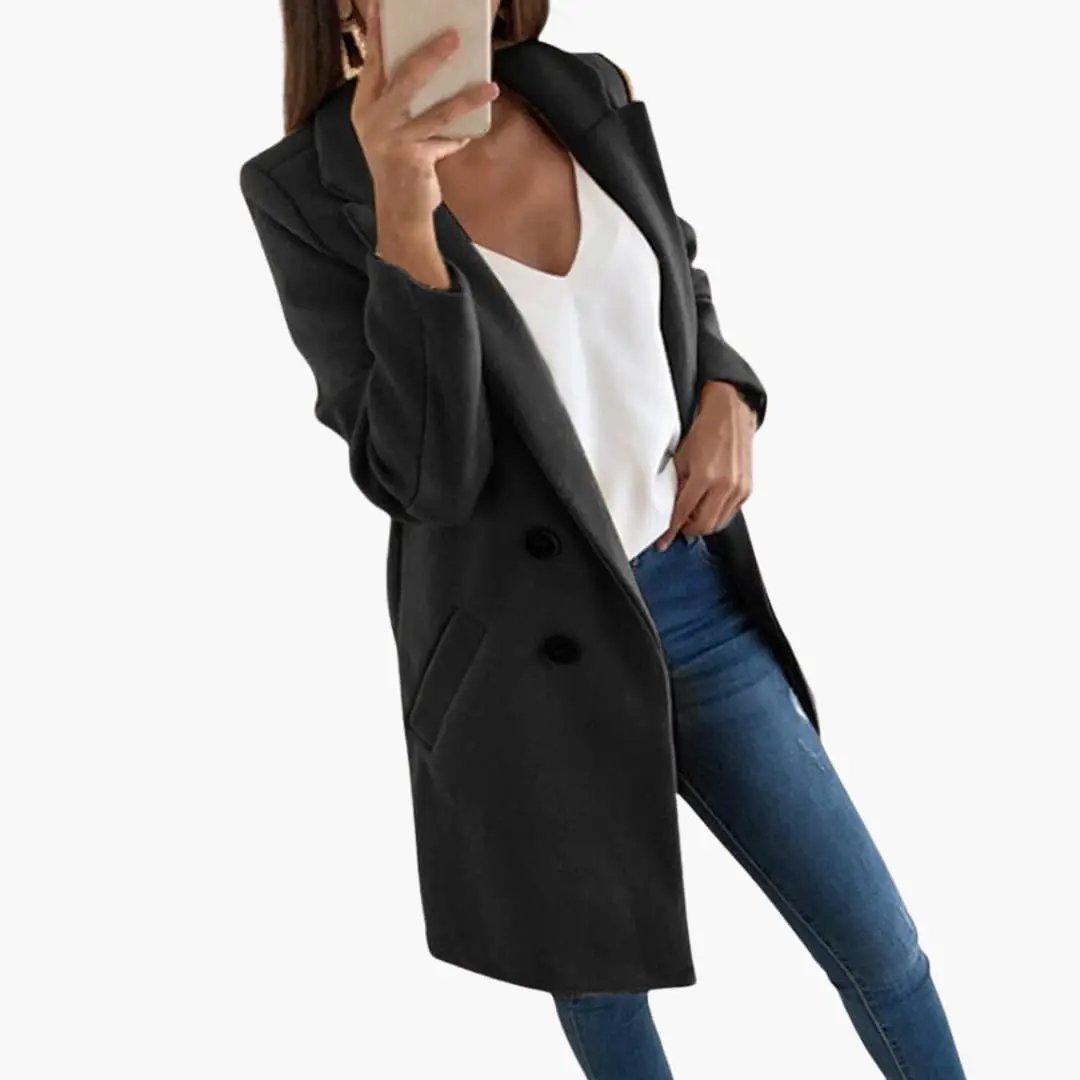 Button Closure Coat for Women, black button-front coat worn over a white top with jeans
