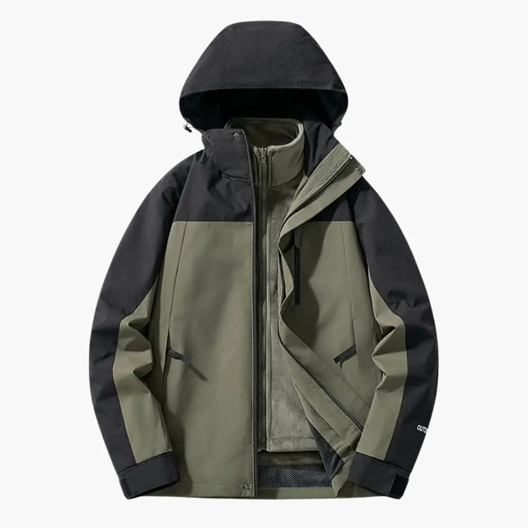 Unisex ski jacket by Wilfred Smith with hood, olive green and black colorblock, zip pockets