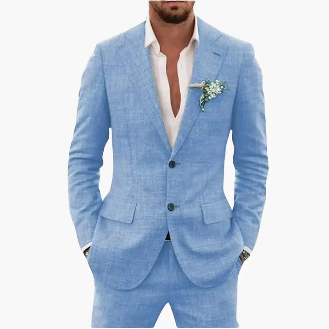 Wilfred Smith men's two-piece wedding suit in light-blue fabric with notched lapels and button closure