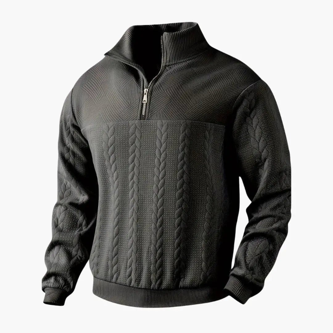 Men's half-zip pullover, black cable-knit with textured panels for warmth and style