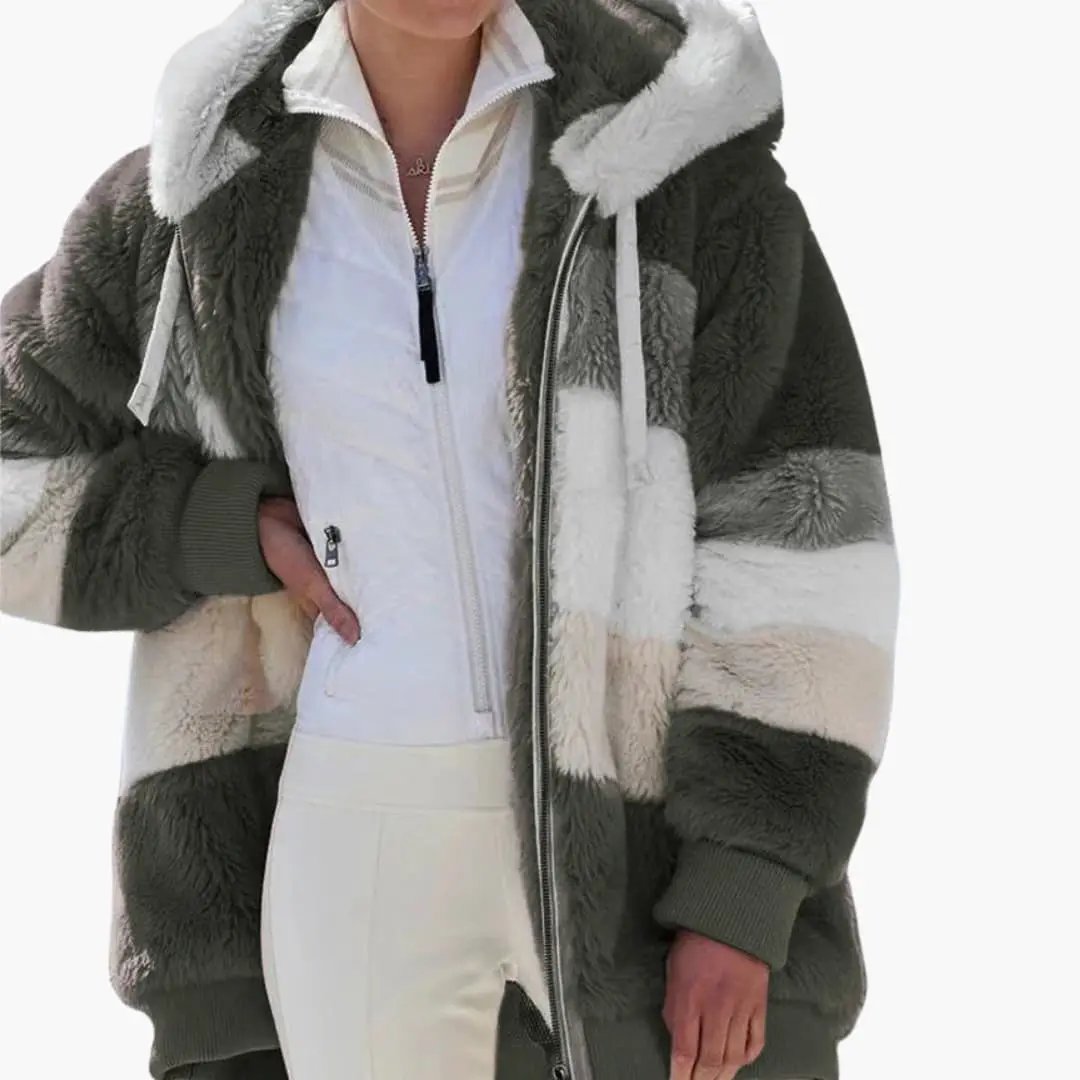 Women's hooded jacket with zipper by Wilfred Smith, patchwork faux-fur in green/gray/cream