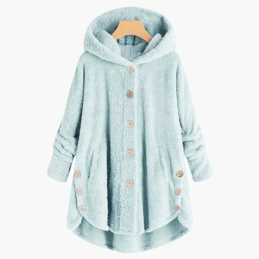 Women's light blue teddy fleece jacket with hood and button closure
