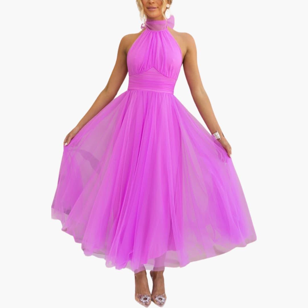 Women's halter-neck pink tulle midi dress with a voluminous layered skirt