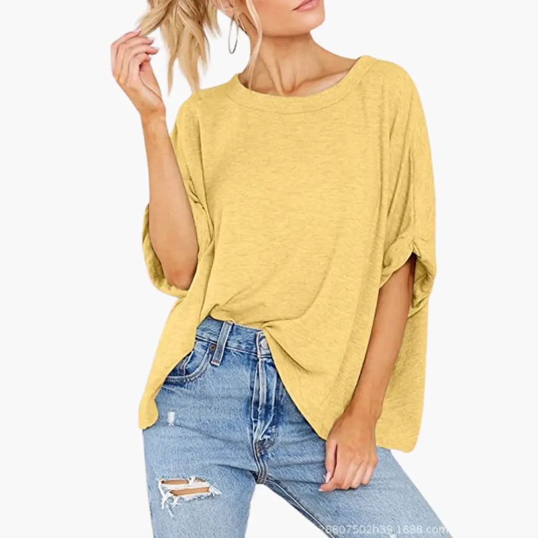 Women's oversized crew-neck T-shirt with rolled sleeves in yellow by Wilfred Smith.