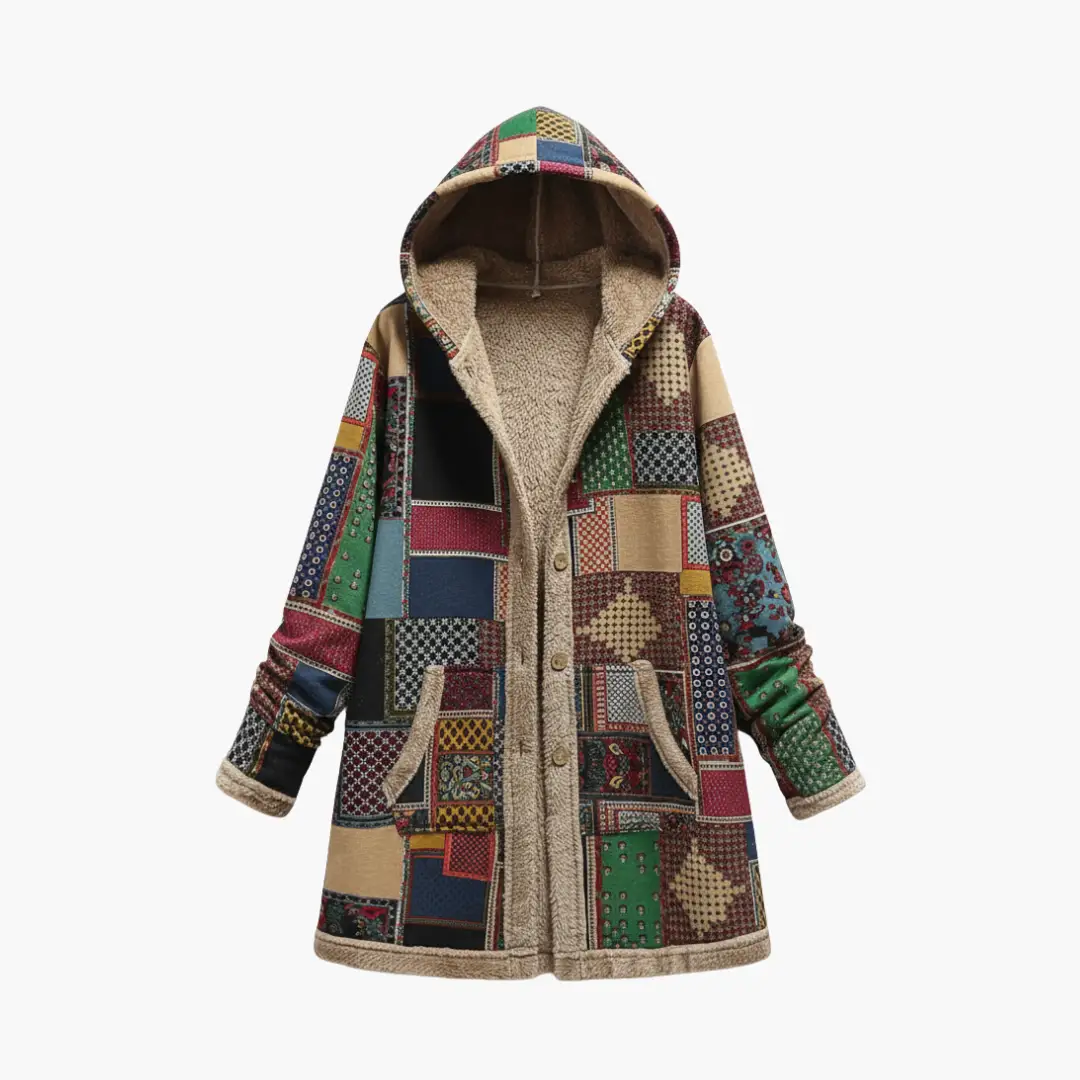 Women's patchwork overcoat with hood and sherpa lining, front buttons