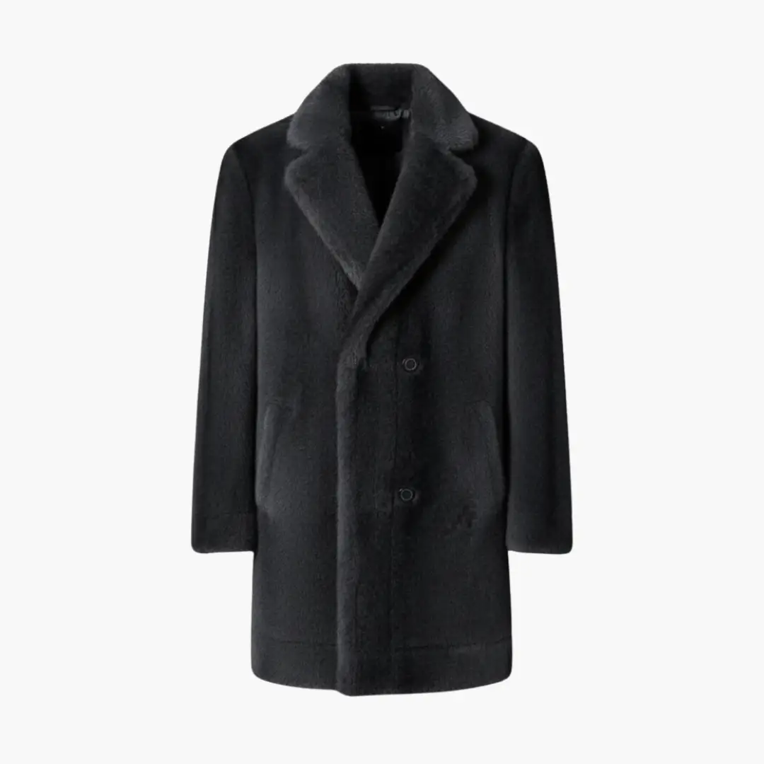Men’s faux fur coat with lapel collar and button front by Wilfred Smith, black overcoat