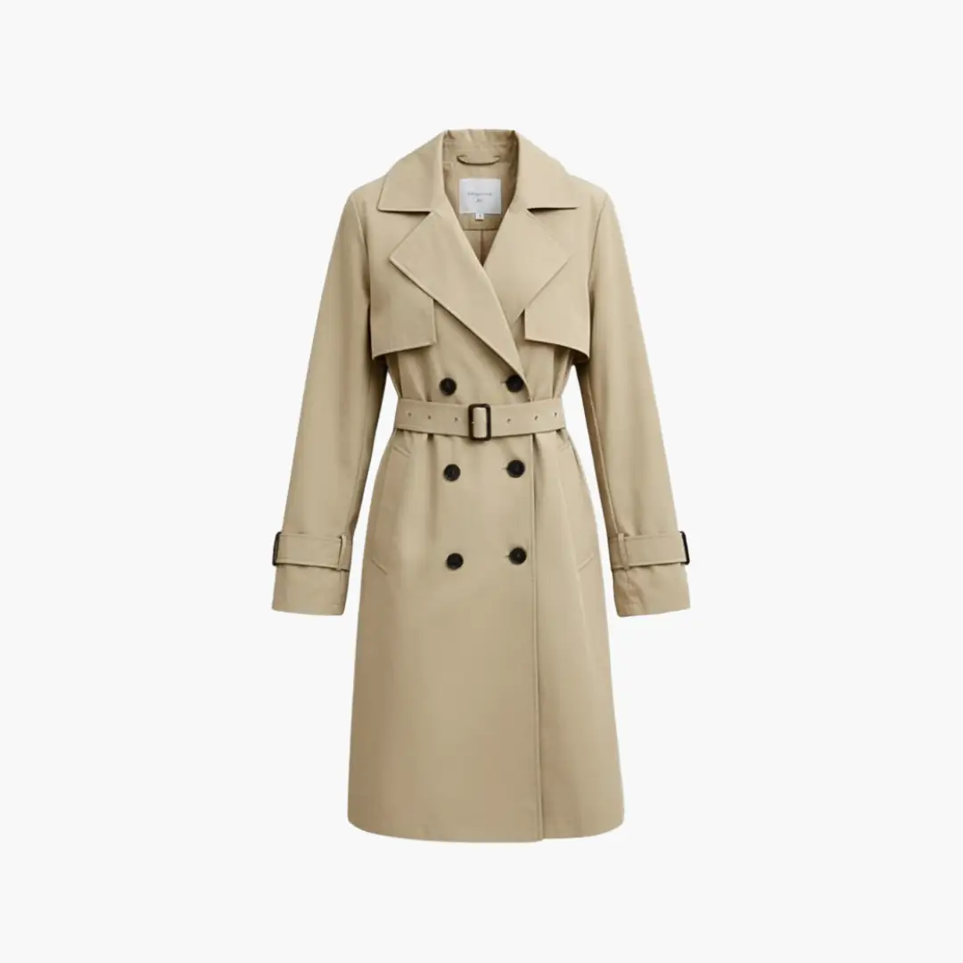 Women’s knee-length beige trench coat by Wilfred Smith with belt and double-breasted buttons