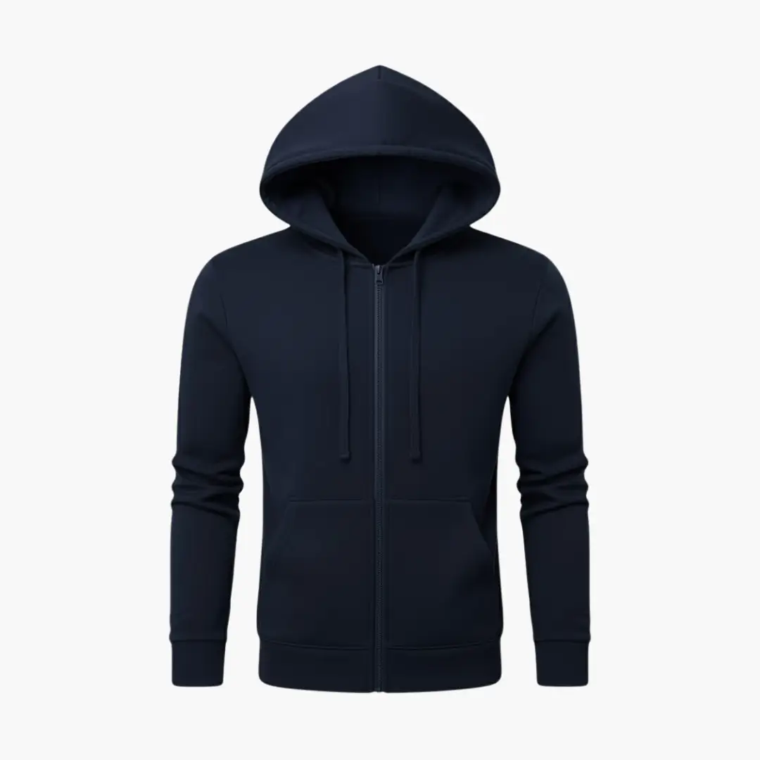 Men’s Zip Hoodie by Wilfred Smith in navy with hood and front pockets