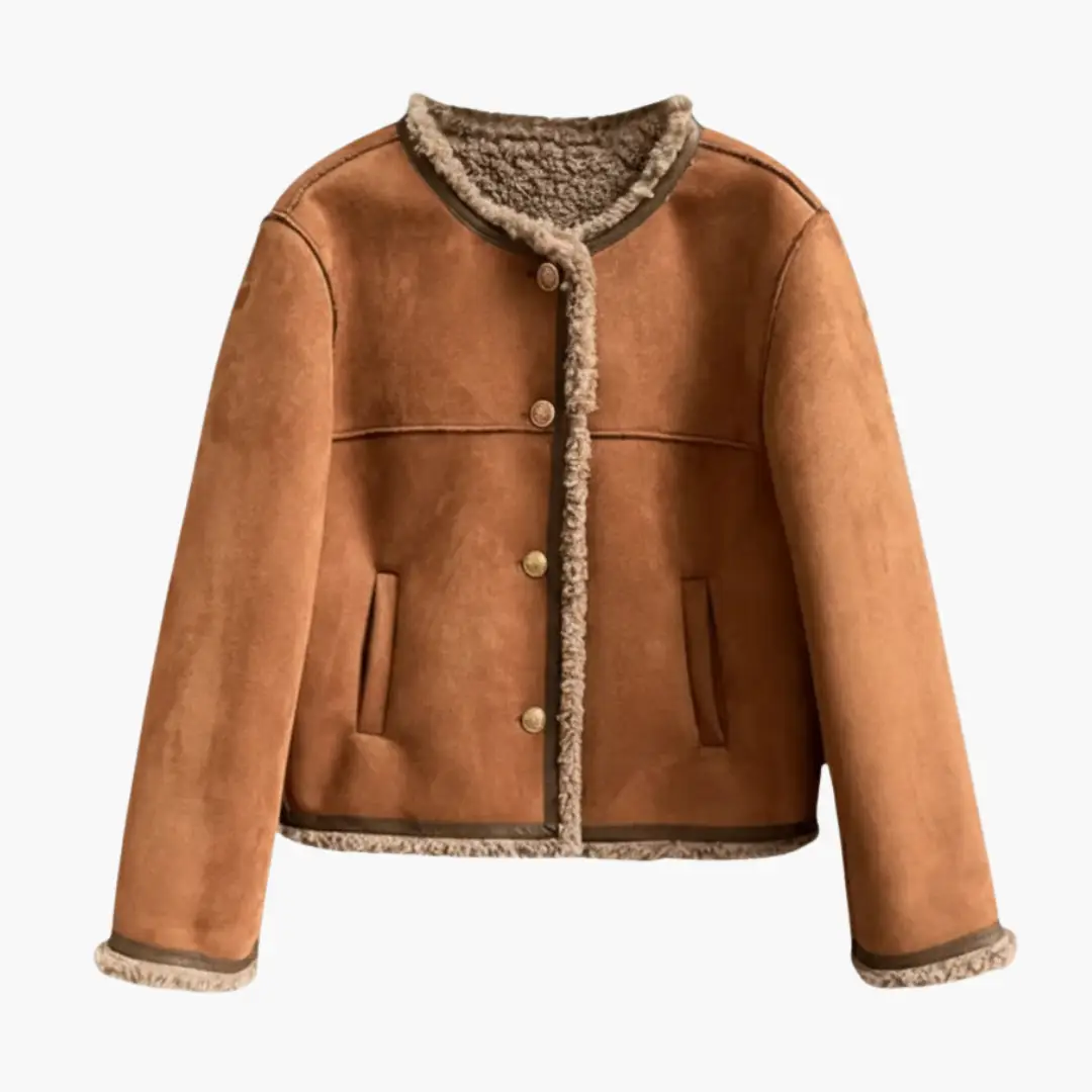 Women’s short brown suede jacket with sherpa trim, front button closure, and two pockets