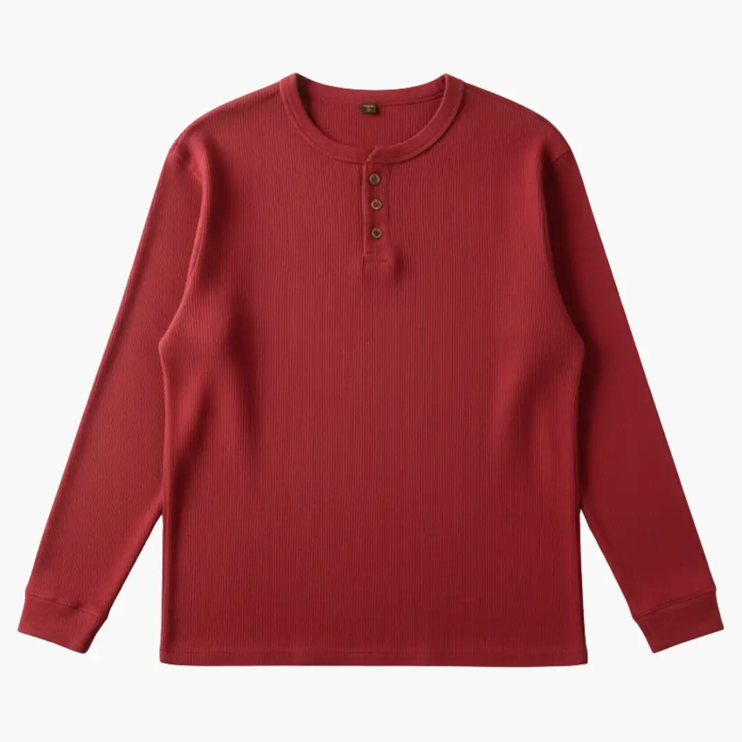 Men's Henley long-sleeve shirt in red with ribbed texture and button placket