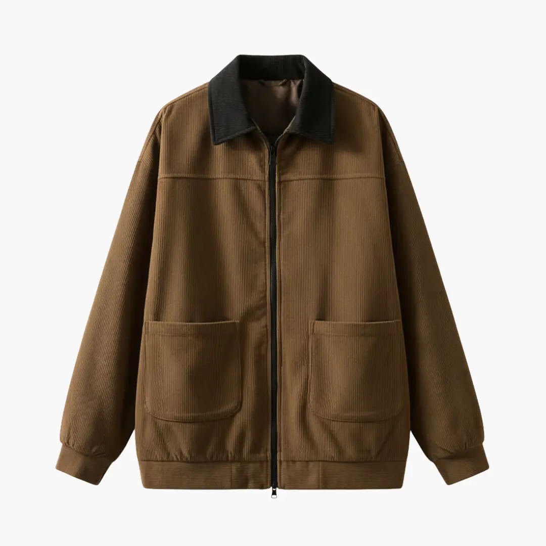 Men's bomber jacket in brown corduroy with black collar, zip closure and front pockets.