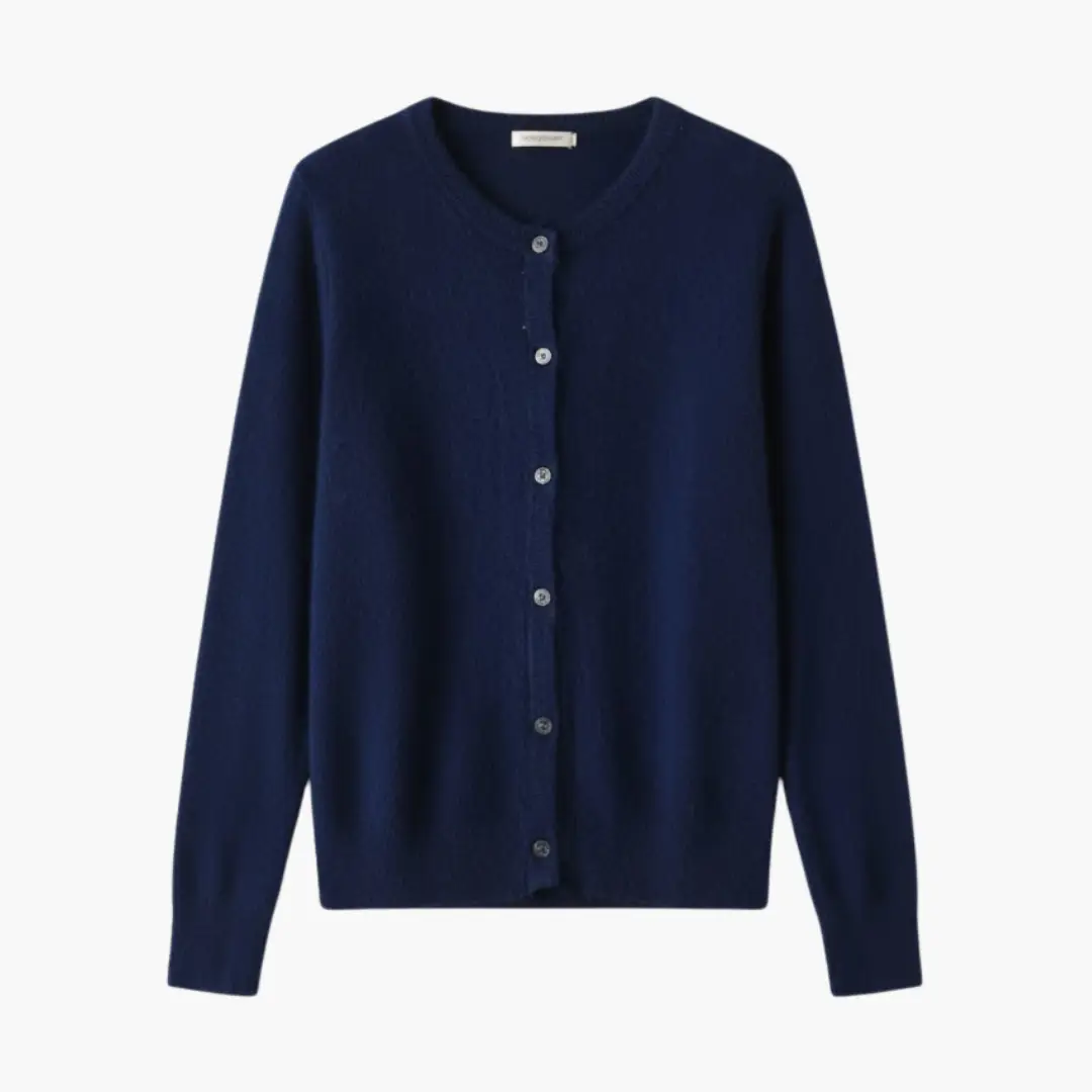Women’s Cardigan by Wilfred Smith, navy knit with button-front closure and ribbed cuffs