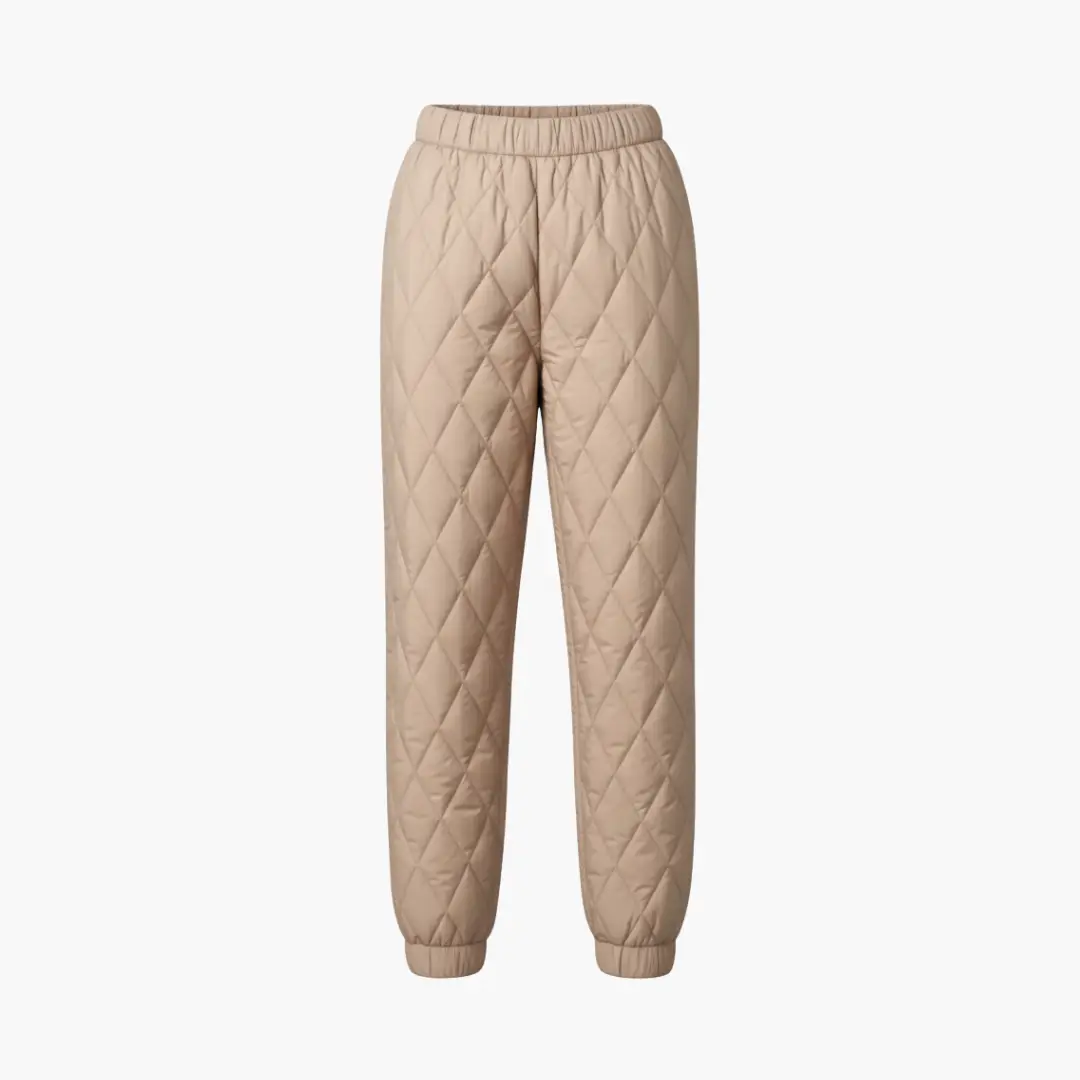 Women’s Quilted Jogger Trousers by Wilfred Smith in beige with elastic waist and cuffed hems
