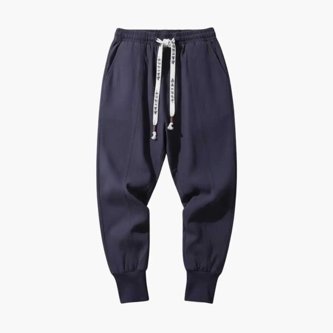 Men’s Japan Style Trousers with Drop Crotch and Adjustable Waist by Wilfred Smith in navy
